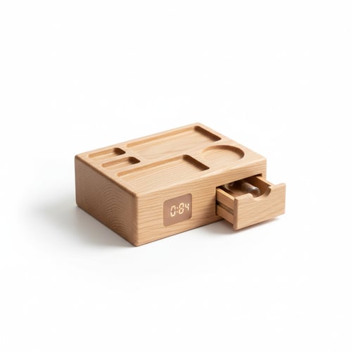 Nordic Design Wood Desktop Organizer with Integrated Small LED Clock