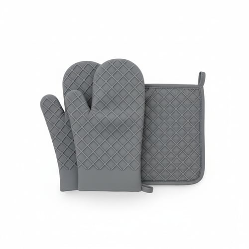 Silicone Heat Resistant Oven Mitts & Pot Holders - Non-Slip Grey 2-Piece Set