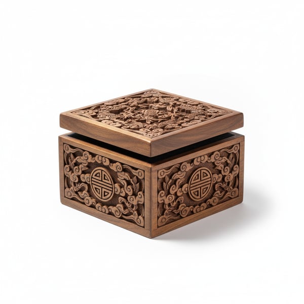 Wooden Mahjong Tile Storage Box Hand-Carved Details Traditional Design