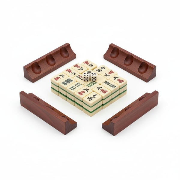 Traditional Riichi Mahjong Set with Four-Player Racks and Dice