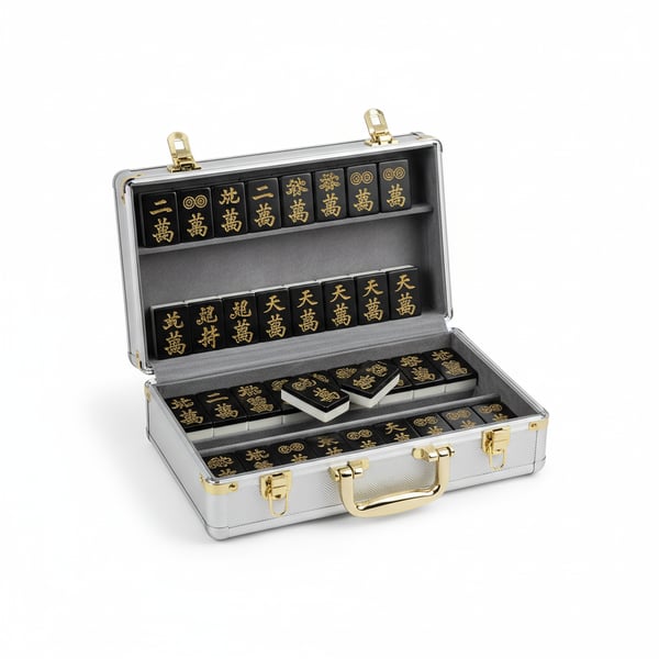 Modern Mahjong Set with Black Tiles and Gold Engravings in Aluminum Case
