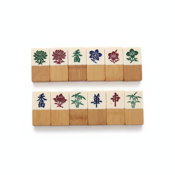 Chinese Mahjong Flower Tiles Engraved Bone and Bamboo Replacement Set