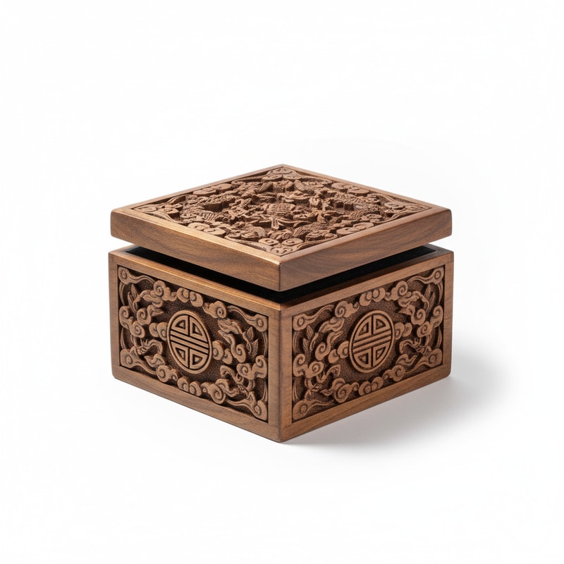 Wooden Mahjong Tile Storage Box Hand-Carved Details Traditional Design
