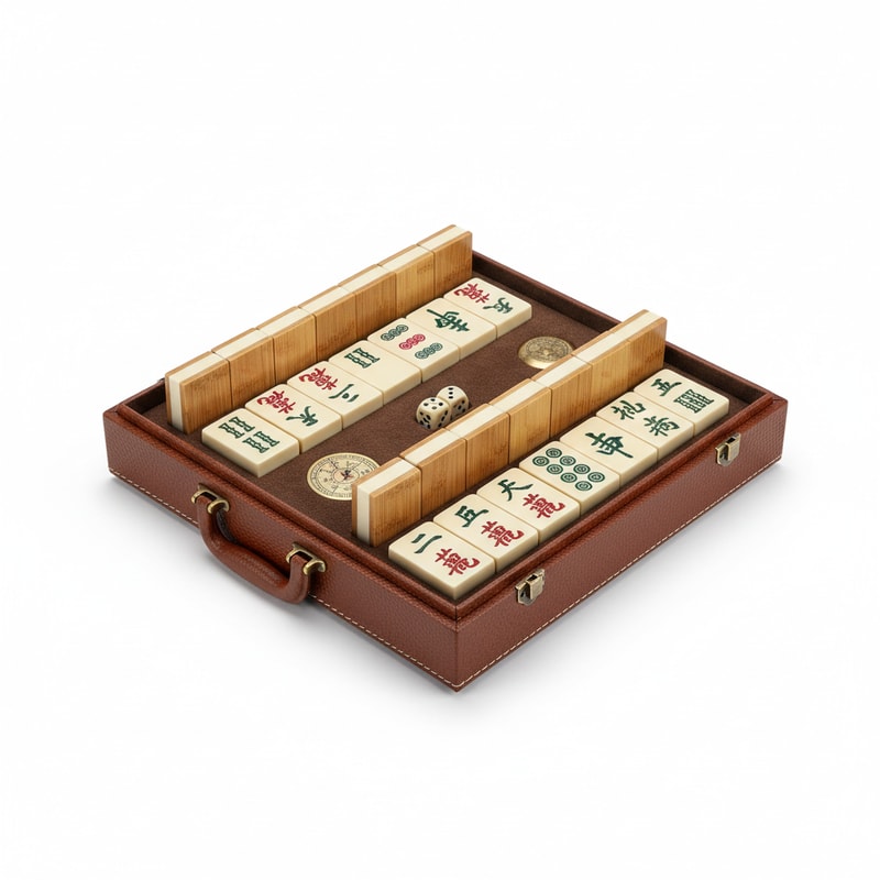 Elegant Mahjong Game Set with Bamboo-Look Tiles and Leatherette Case
