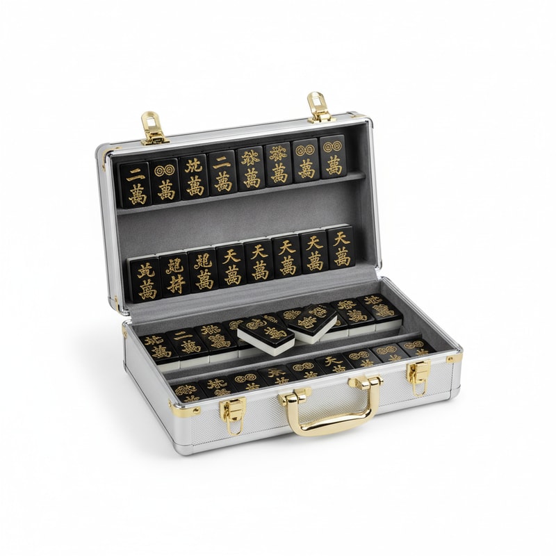 Modern Mahjong Set with Black Tiles and Gold Engravings in Aluminum Case