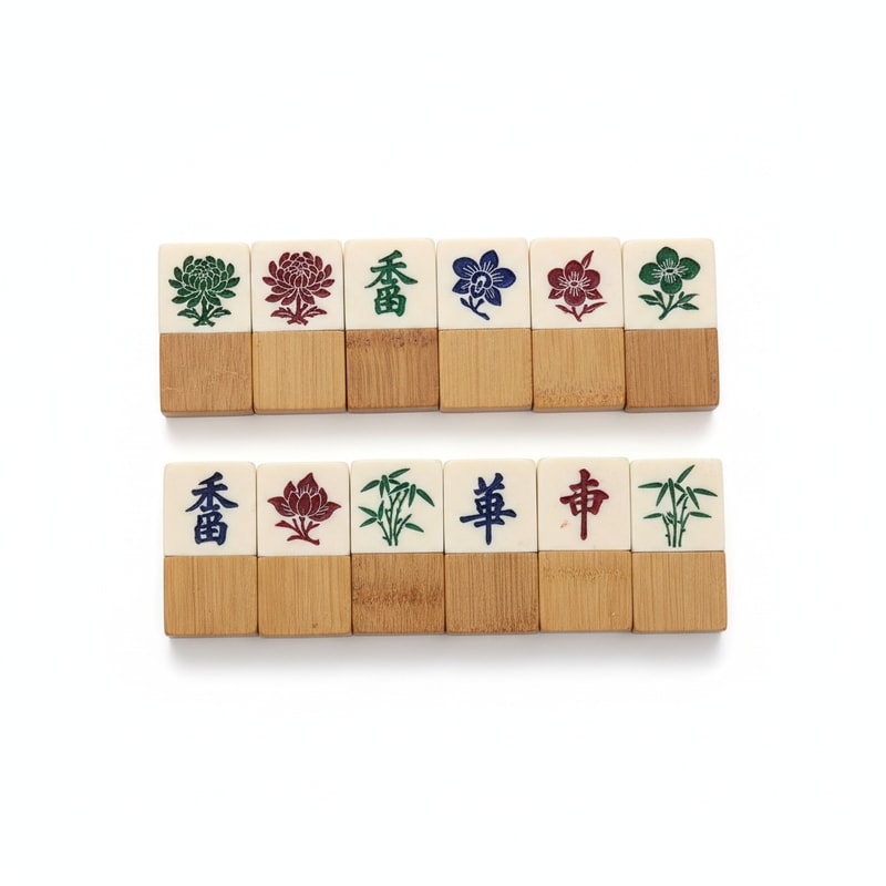Chinese Mahjong Flower Tiles Engraved Bone and Bamboo Replacement Set