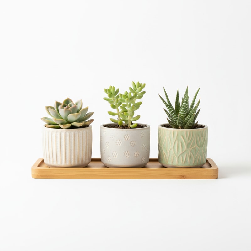Set of Small Decorative Succulent Pots with Bamboo Trays