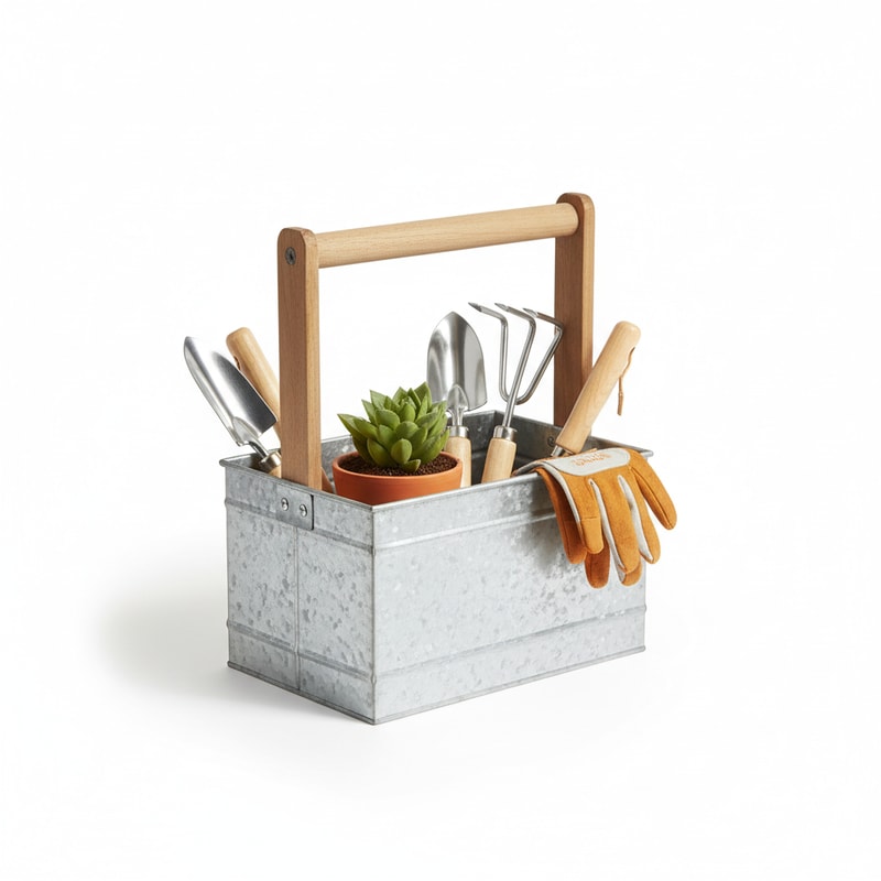 Galvanized Steel Garden Tool Caddy with Wooden Handle