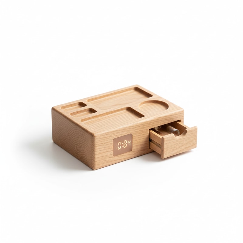 Nordic Design Wood Desktop Organizer with Integrated Small LED Clock